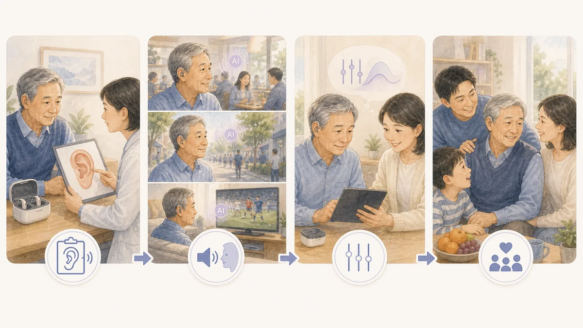 判断AI助听器是否适合父母的四步流程插画