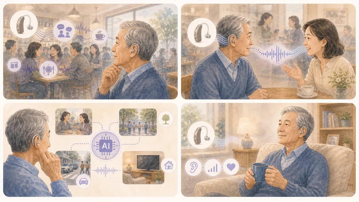 AI降噪识别环境声并突出人声的简洁示意插画
