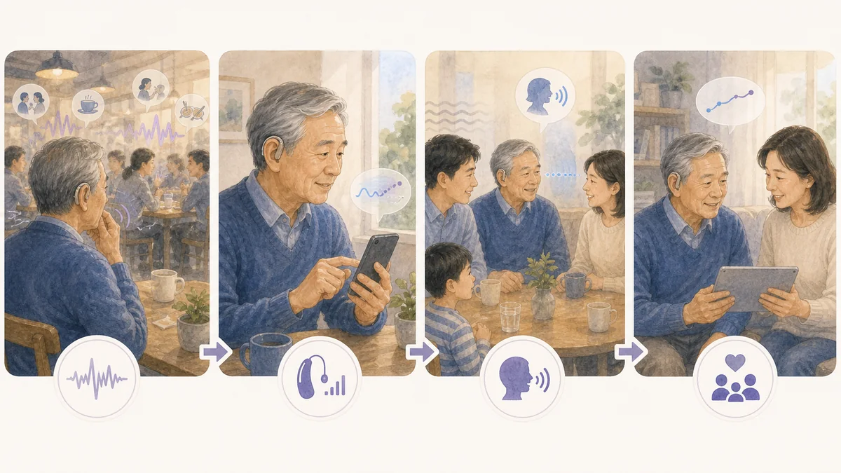 选择AI降噪助听方案时关注场景、佩戴和服务的步骤插画