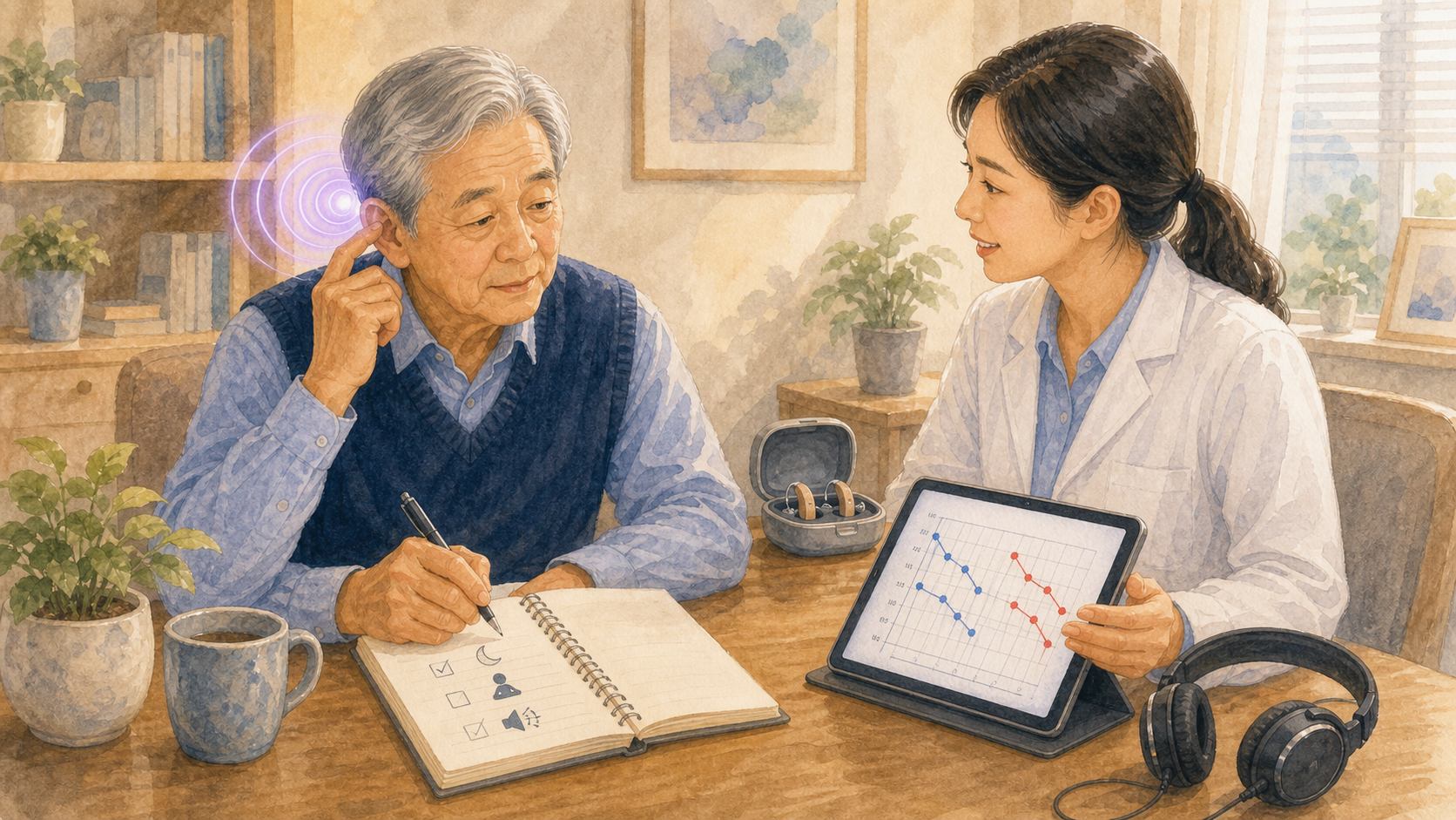 老人记录耳鸣情况并准备做听力评估
