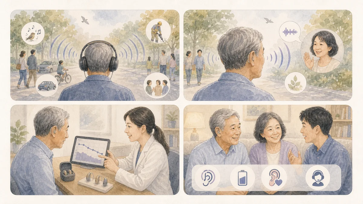 助听器和普通扩音器在声音处理方式上的对比示意插画