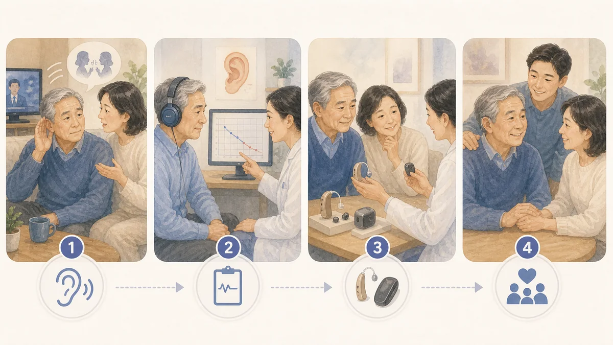 为父母选择助听方案前先评估听力再比较设备的步骤插画