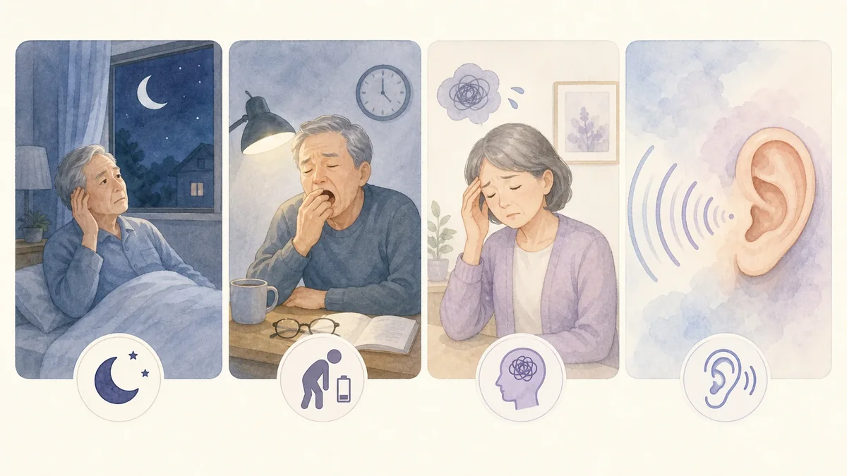 用四个生活化图标说明晚上耳鸣更明显的可能相关因素