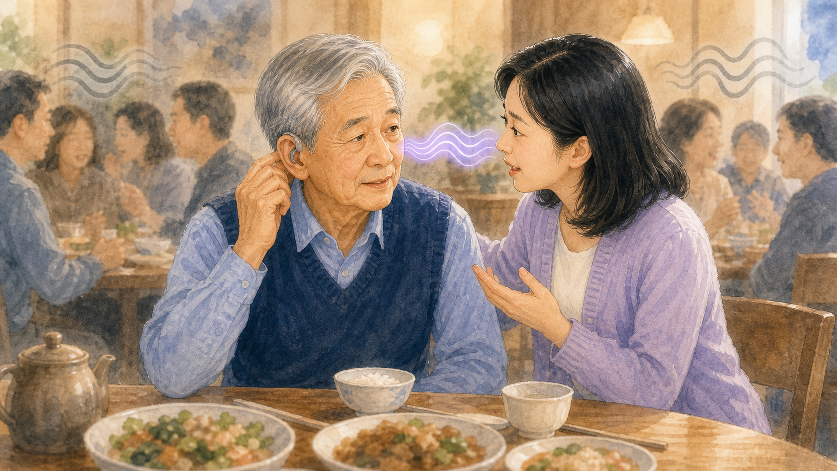 老人戴助听器在嘈杂餐厅听家人说话