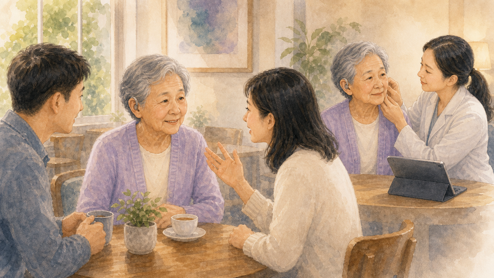 家人面对面与老人沟通并进行助听器调试