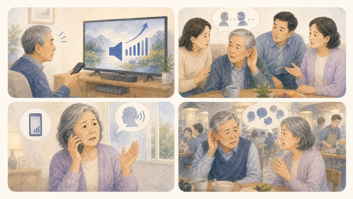 用电视、电话、家人重复说话等生活场景说明听力变化信号
