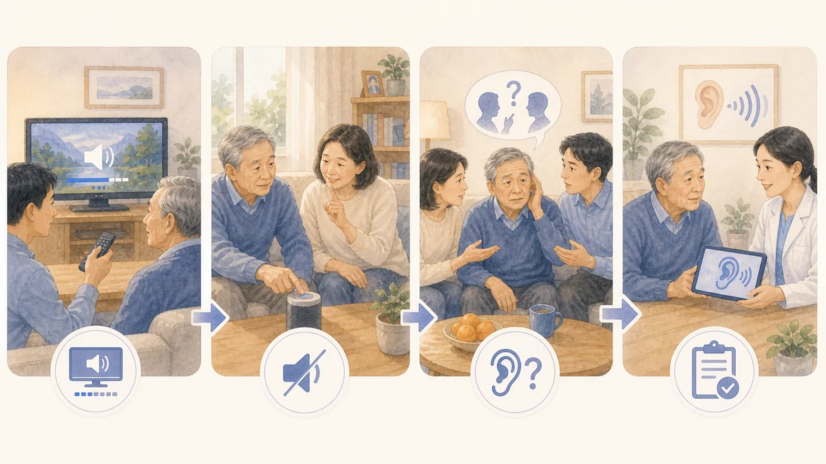 家人帮助老人处理电视声音变大问题的四步示意插画
