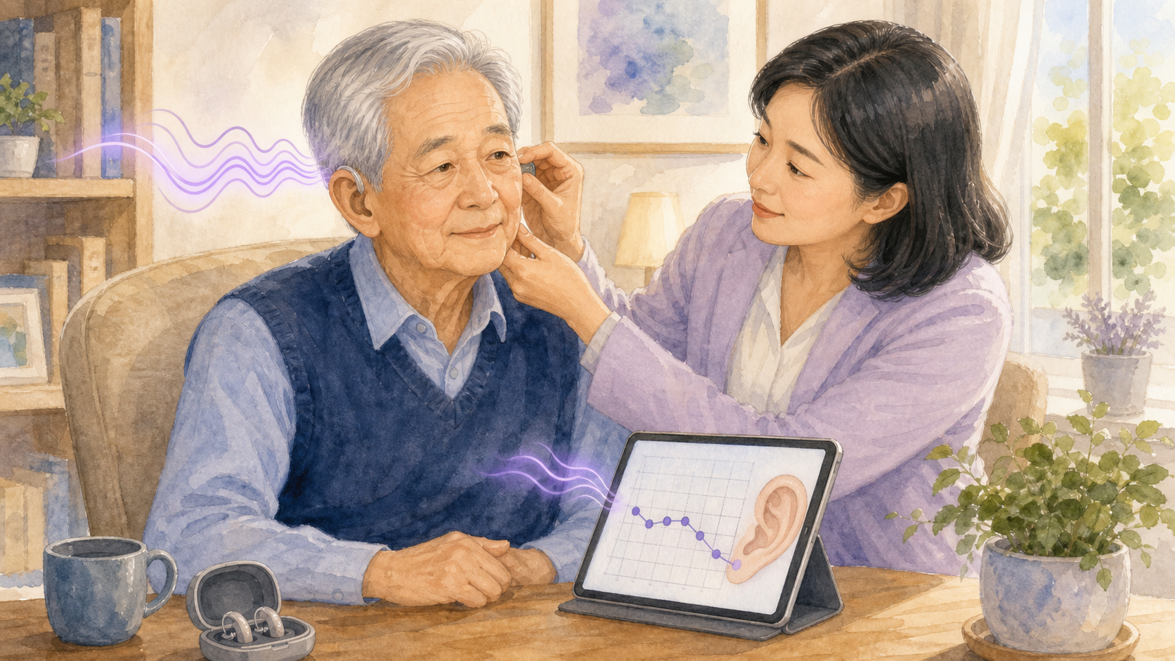 听力师为老人调试助听器